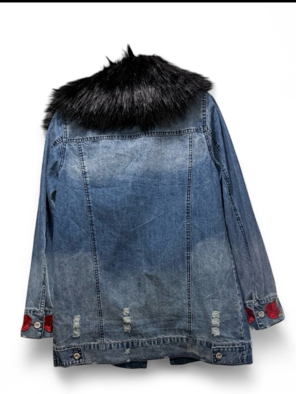 LA Coalition Rose Embroidered Denim Jacket Fur Collar NWT Small - Picture 4 of 4